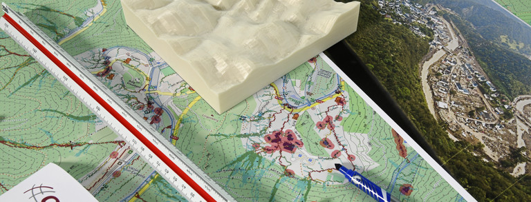 Zoning plan with 3D elevation model, landscapes and pens.