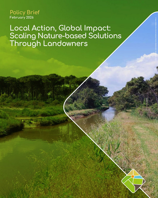 Cover page of the document "Local Action, Global Impact: Scaling Nature-based Solutions Through Landowners". Image shows a renatured riverbed.
