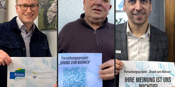 Three persons holding information on the student project